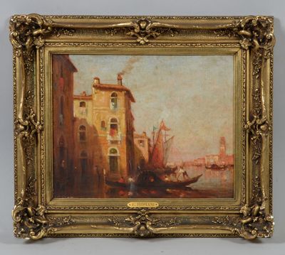 une peinture à l'huile représentant une scène d'un canal de Venise avec une gondole au premier plan