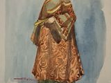 painting of a woman in a brown dress with a feather on her head