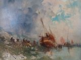 a painting of a boat in the water with people on it