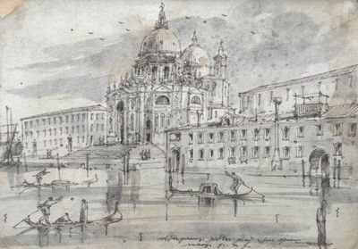 drawing of a view of a city with a church and gondola