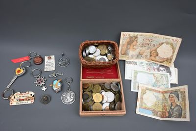 un panier rempli de pièces de monnaie et d'autres objets posé sur une table