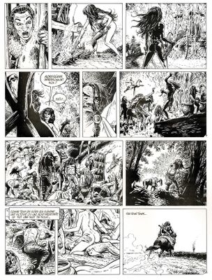 une page d'une bande dessinée représentant, en noir et blanc, un homme et une femme dans les bois