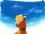 a painting of a young gohan with a blue sky in the background