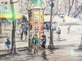 tableau représentant un groupe de personnes marchant dans une rue près d'une tour horloge