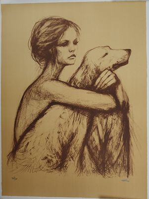 Lithographie représentant Brigitte Bardot avec un chien