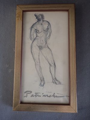tableau représentant une femme nue, dans un cadre en bois, sur fond bleu