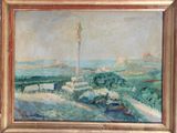 une peinture à l'huile représentant un phare au loin