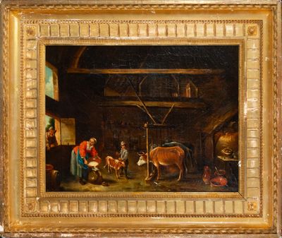painting of a woman milking a cow in a barn with other people and animals