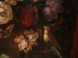 a painting of a bird and flowers in a vase