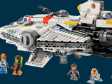a lego star wars millennium fighter set on a blue background