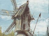 un tableau représentant un moulin à vent avec des vaches qui paissent dans le champ
