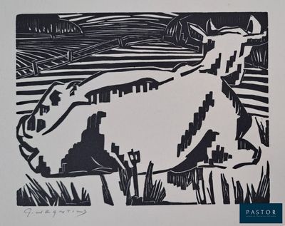 un dessin en noir et blanc représentant une vache dans un champ