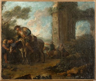 an image of a painting of a man on a horse in a wooded area