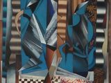 un tableau représentant un vase bleu et une nappe à carreaux noirs et blancs