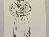 dessin représentant une femme en robe longue, les mains sur les hanches
