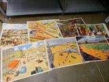 many different pictures of a beach scene on the floor