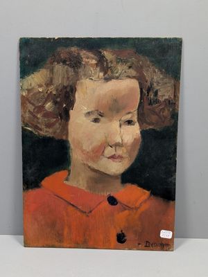 portrait d'une jeune fille en robe rouge, huile sur toile, signé et daté