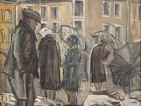 an oil painting of a group of people standing in front of a building