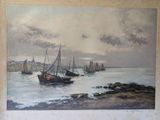 a picture of a painting of boats in the water