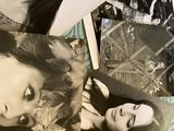 several black and white photos of a woman on a bed