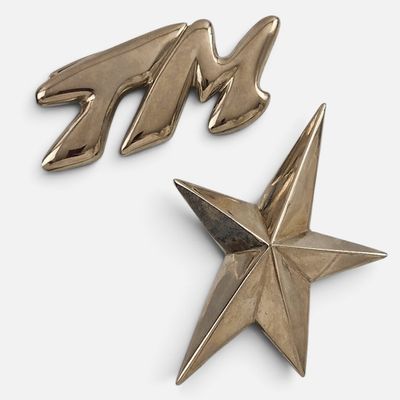 paire de broches en métal en forme d'étoile, ornées de la lettre « m » et d'une étoile