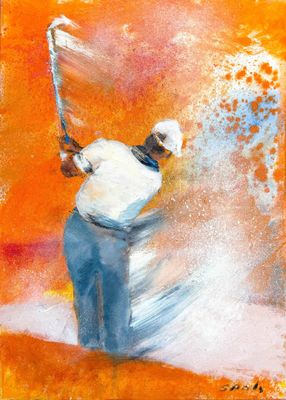 un tableau représentant un homme frappant une balle de golf avec un club