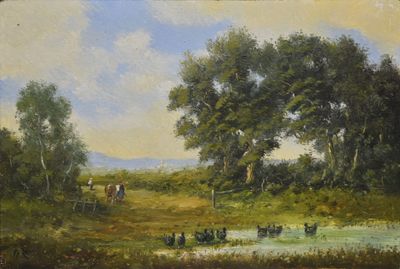 tableau représentant des vaches dans un pâturage près d'un étang bordé d'arbres