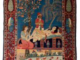 une tapisserie représentant une femme et un homme assis sur un banc