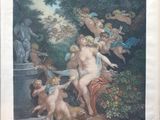 une gravure ancienne représentant un tableau où l'on voit un groupe de chérubins dans un jardin