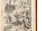 un vieux livre sur lequel figure un dessin représentant des anges et des démons