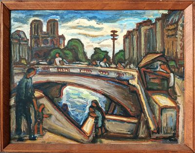painting of a painting of people on a bridge over a body of water