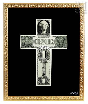 a black and white photo of a cross made out of money