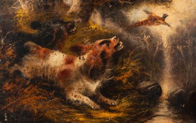 un tableau représentant un chien poursuivant un oiseau dans les bois