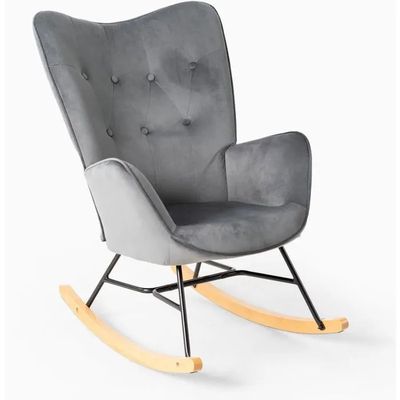 un fauteuil à bascule gris avec des pieds en bois et une assise capitonnée