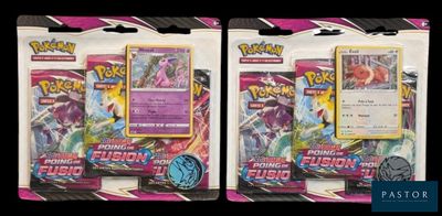 two packs of pokemon trading cards on a black background