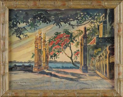 painting of a painting of a gate and a tree in front of a building