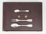 three silver spoons and two silver forks in a box