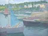 une peinture représentant un bateau dans l'eau avec des personnes à bord