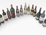 Plusieurs bouteilles de vin sont disposées en cercle sur une surface blanche