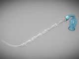 a clear plastic device with a blue handle on a gray background