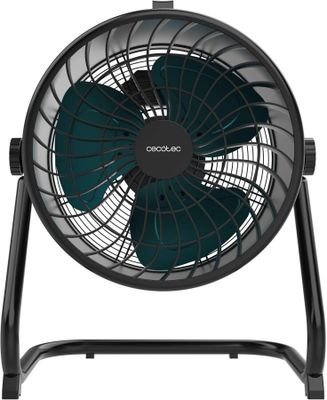 un ventilateur noir posé sur un support métallique