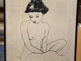 a drawing of a woman sitting on a easel