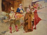 painting of a group of people standing in front of a building