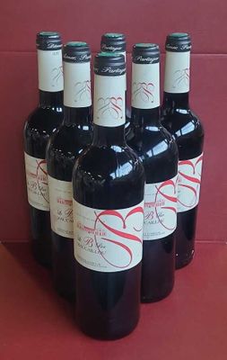 six bottles of wine are lined up in a row on a red surface