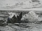 un dessin représentant un homme dans un bateau sur l'eau