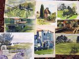 several watercolor paintings of a farm, a house, a bridge, and a church