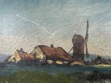 painting of a windmill in a field next to a body of water