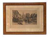 an image of a drawing of a city with buildings and a bridge