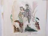 a drawing of a woman and two dogs on a table