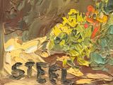 a painting of a vase of flowers on a table